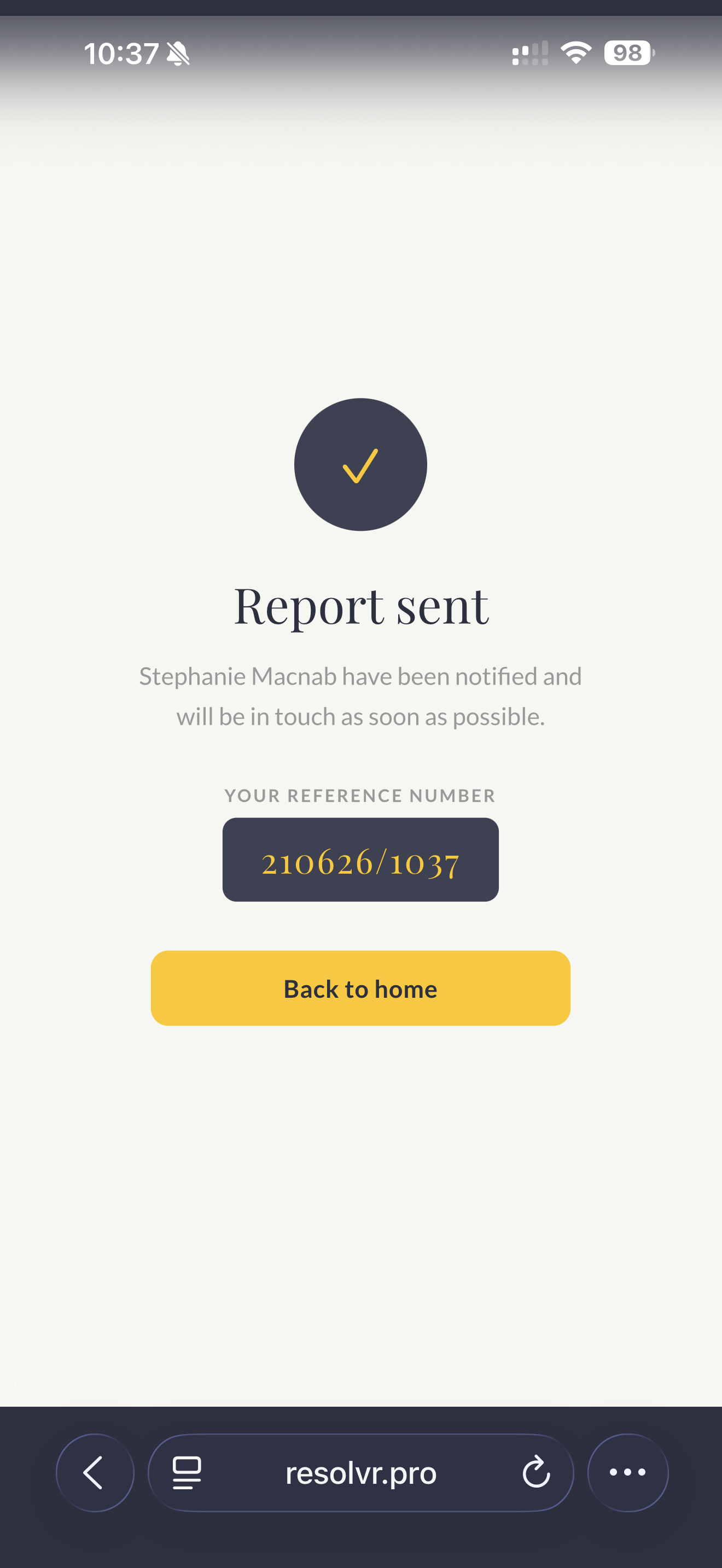 Report sent confirmation with reference number