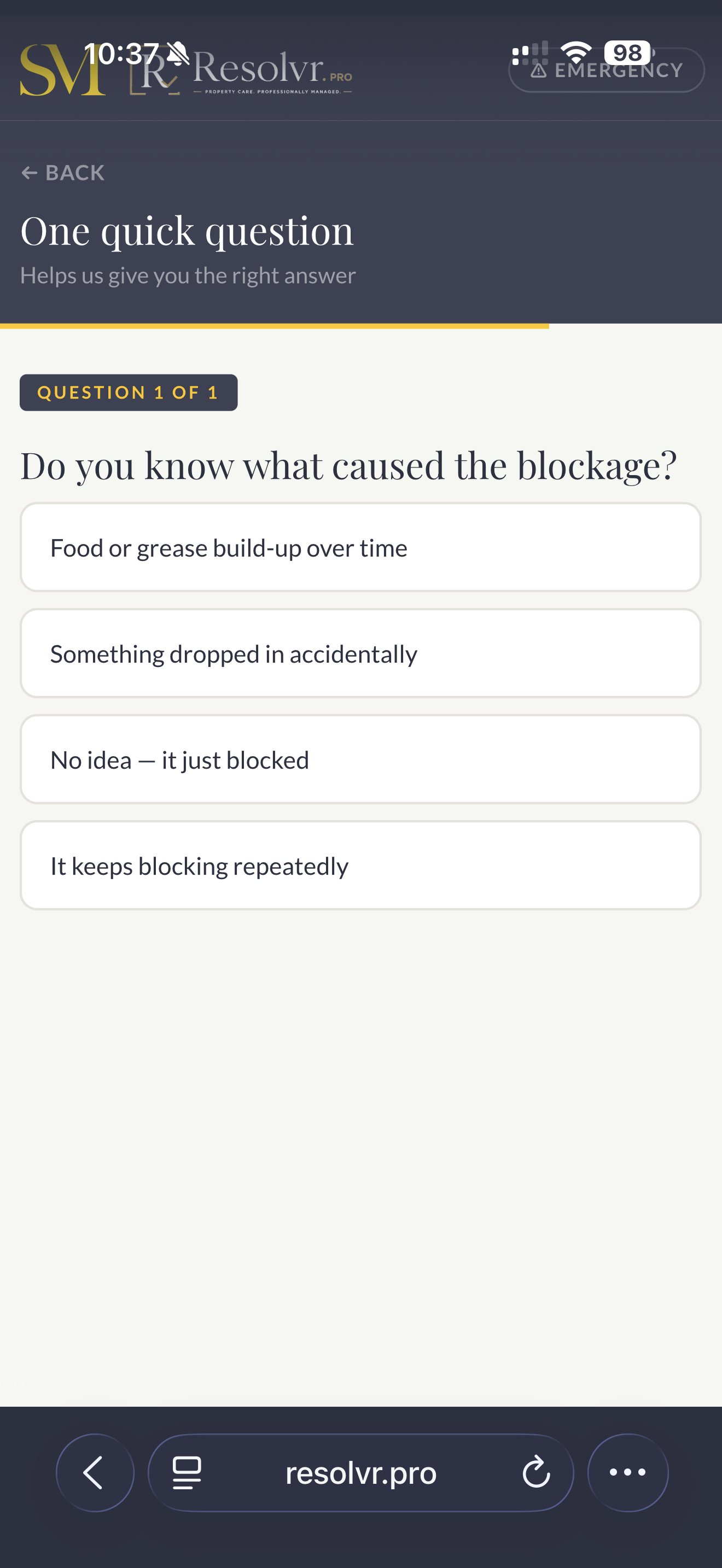 Diagnostic question screen