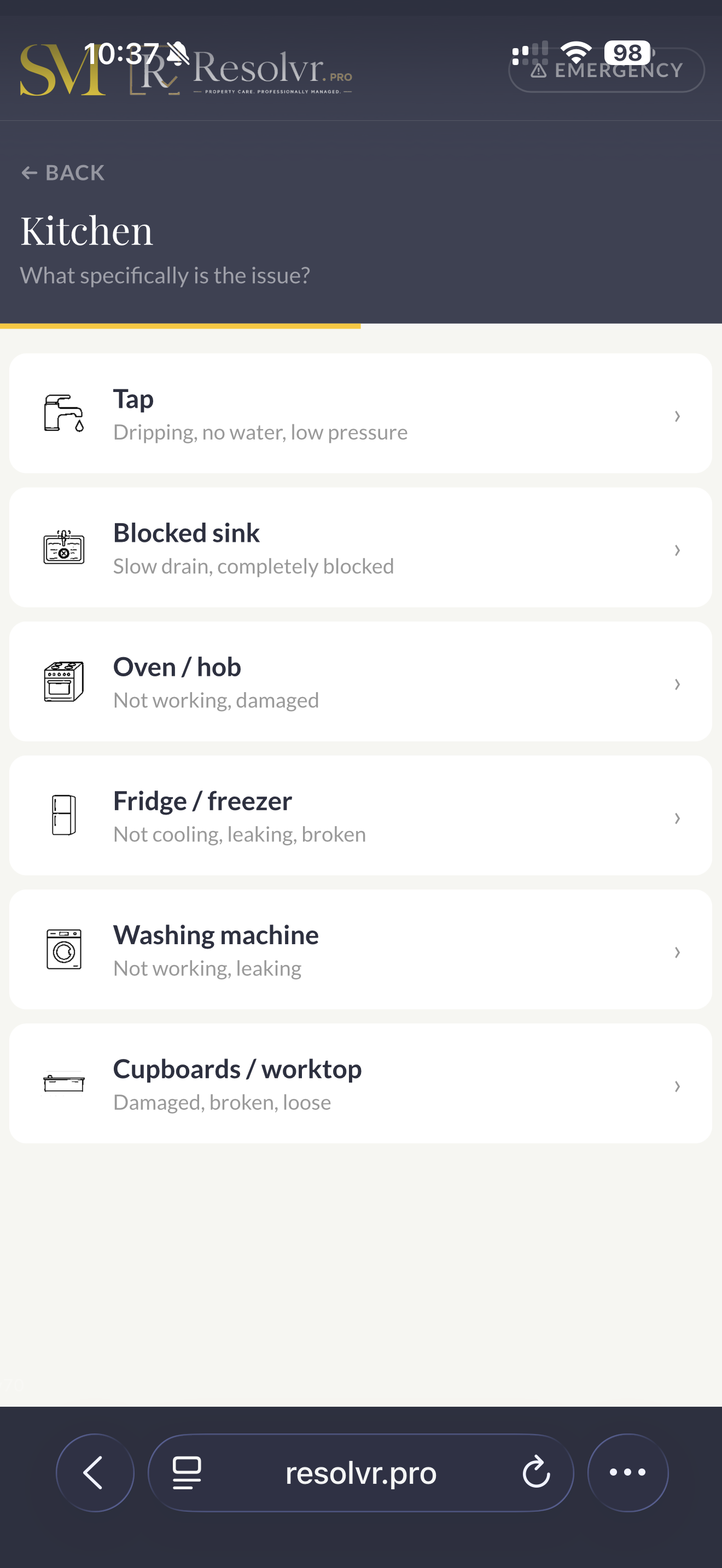 Repair subcategory selection